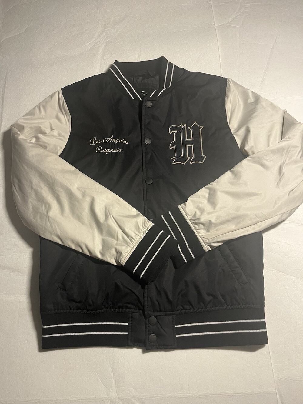 Hollister Men’s M Black White Varsity Bomber Jacket Los Angeles Panther Embroid